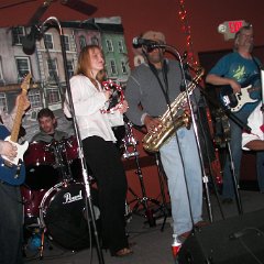 "Blame It On Harry" is (l. to r.) Jeremy Butcher (lead guitar, vocals), Mike Thompson (drums), Kozette (vocals), Harry Muldrow (sax, vocals), Danl Blackwood (bass, vocals), Kevin Muldrow (keyboards, vocals)