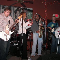 "Blame It On Harry" is (l. to r.) Jeremy Butcher (lead guitar, vocals), Mike Thompson (drums), Kozette (vocals), Harry Muldrow (sax, vocals), Danl Blackwood (bass, vocals), Kevin Muldrow (keyboards, vocals)