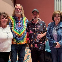 A quick visit before the concert! (l to r) Suzanne Nicklin (my fiancee), me, Dave Hope (original Kansas bass player extraordinaire), and Diane Kuhn Nicholson (friend and Dave's high school neighbor)